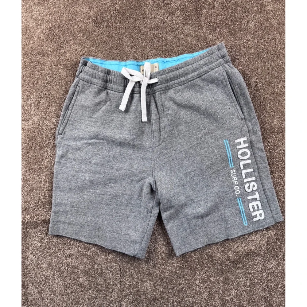 Hollister Mens Heather Grey Surf Co Logo Sweat Shorts Medium Drawstring Fleece - Picture 1 of 7